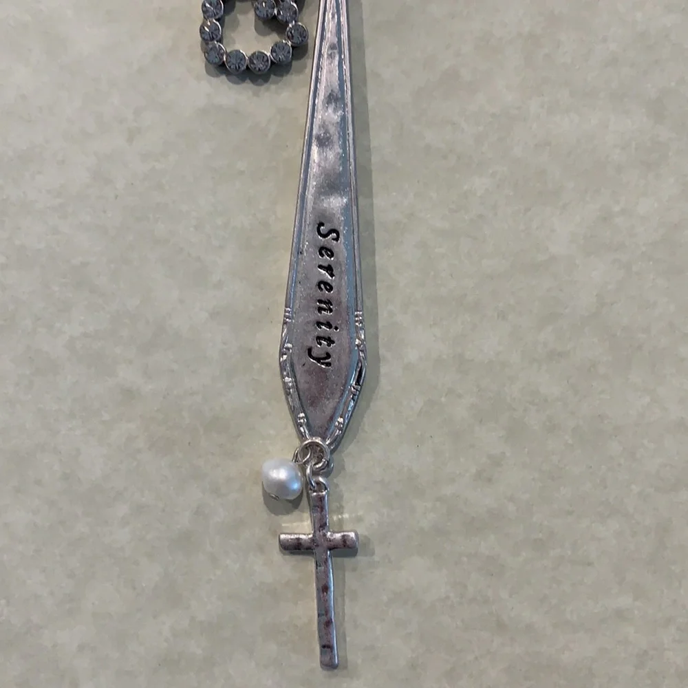 28” Worn Silvertone “Serenity” Spoon Handle & Cross Pendant Necklace